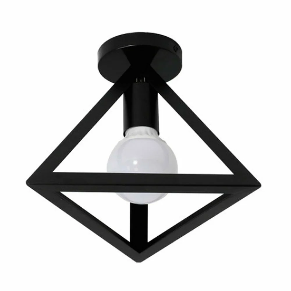 Black cage ceiling lamp with geometric iron design mounted flush, painted black, featuring a lamp shade and E27 holder.