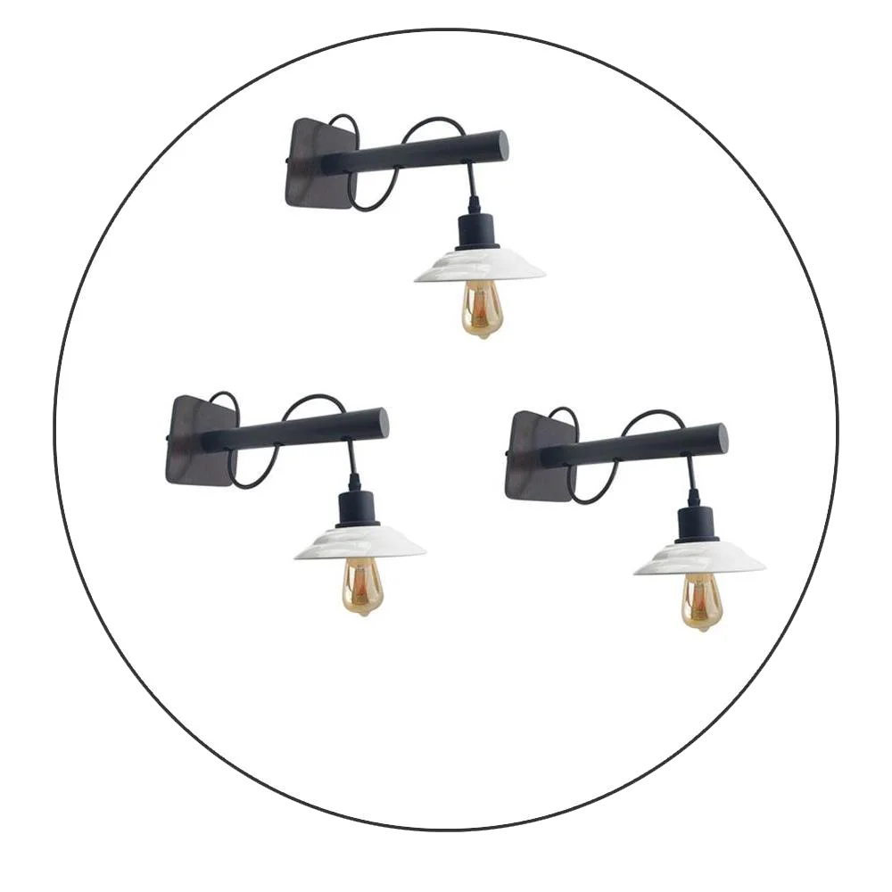 Black scone wall light with white PVC shade and exposed metal hardware on a surface‑mounted wall