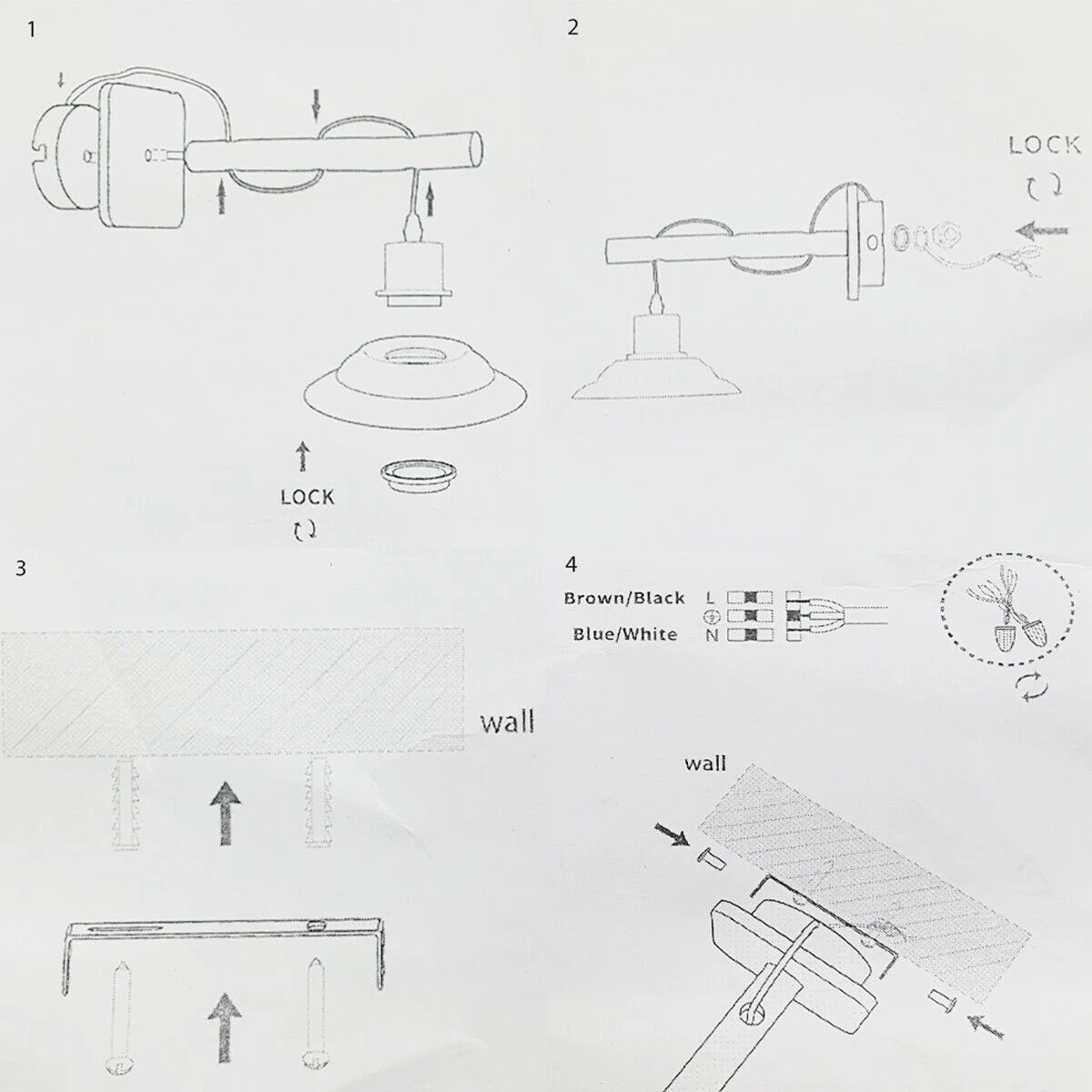 E27 wall lighting: black metal wall scone fixture with white PVC shade, LED and incandescent bulbs included