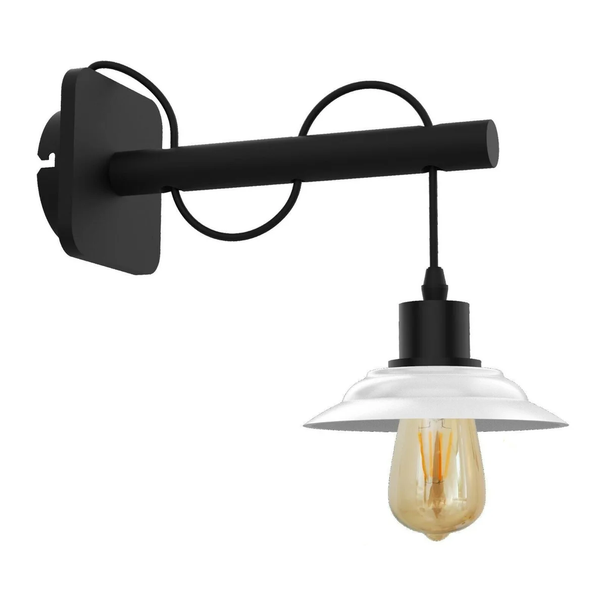 Black wall scone light with exposed metal hardware and white ceramic shade lamp, bundled with free LED bulbs.
