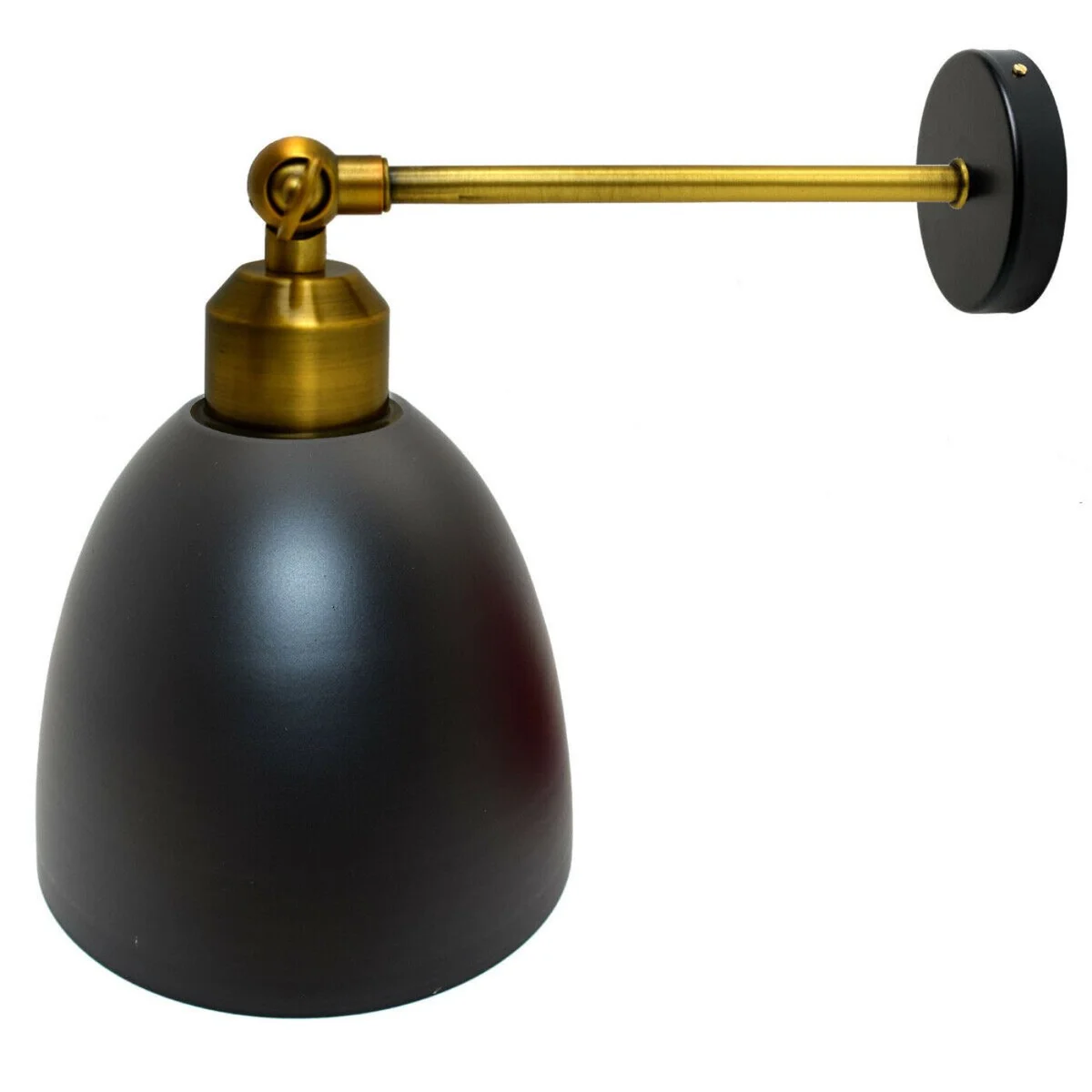 Black industrial wall lamp with metal body, adjustable arm, white oval shade, mounted on wall for indoor use.