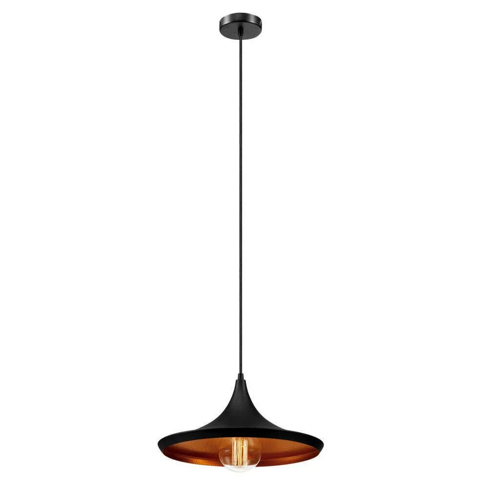 Matte black pendant lamp with gold‑hung interior, industrial style, hanging over table. Emits warm amber glow.