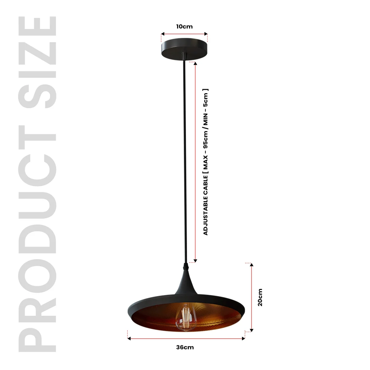 Matte black industrial pendant lamp with gold interior light shade, hanging from adjustable cable