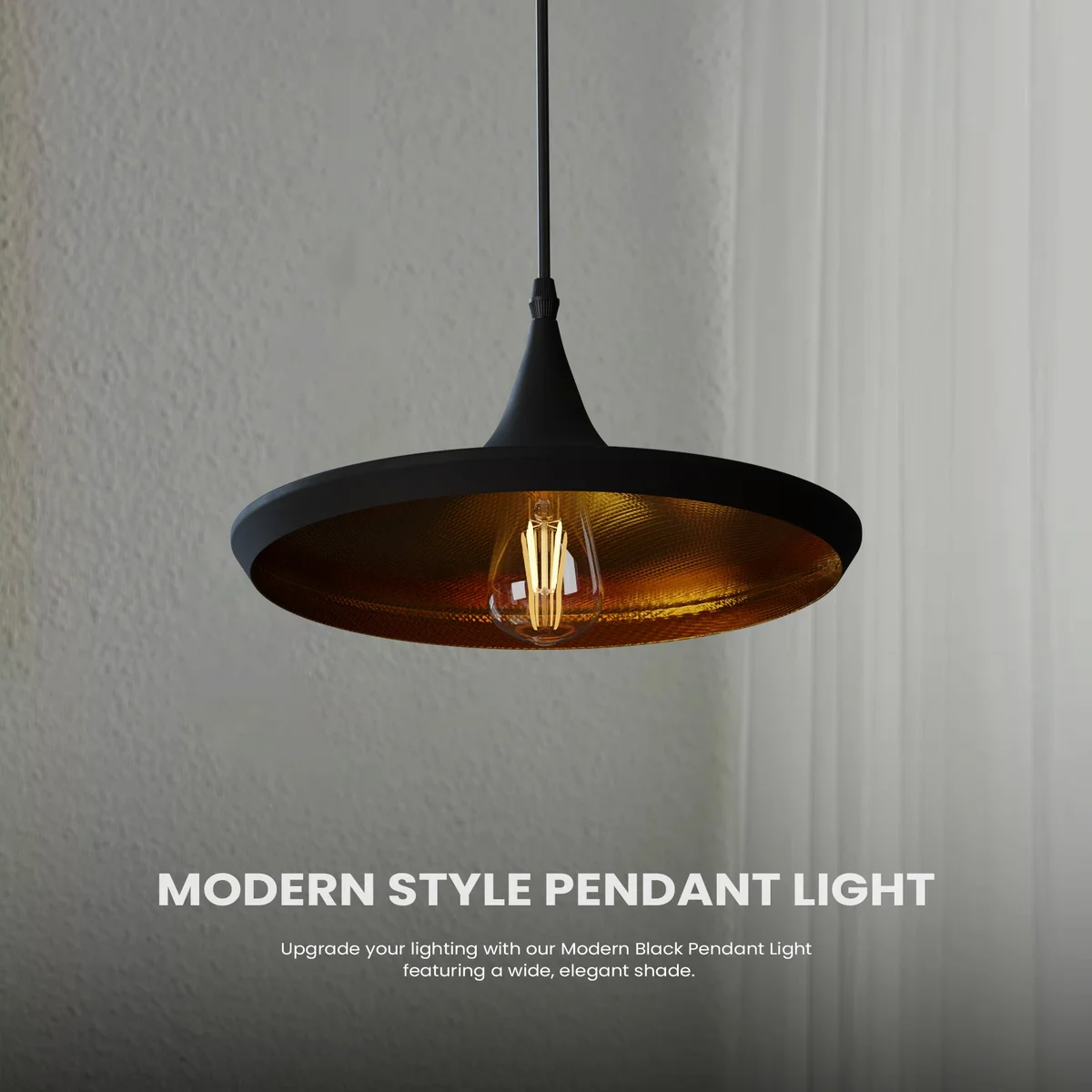 Industrial matte black pendant lamp with gold interior, E27 ceiling light, hanging by adjustable PVC cable.