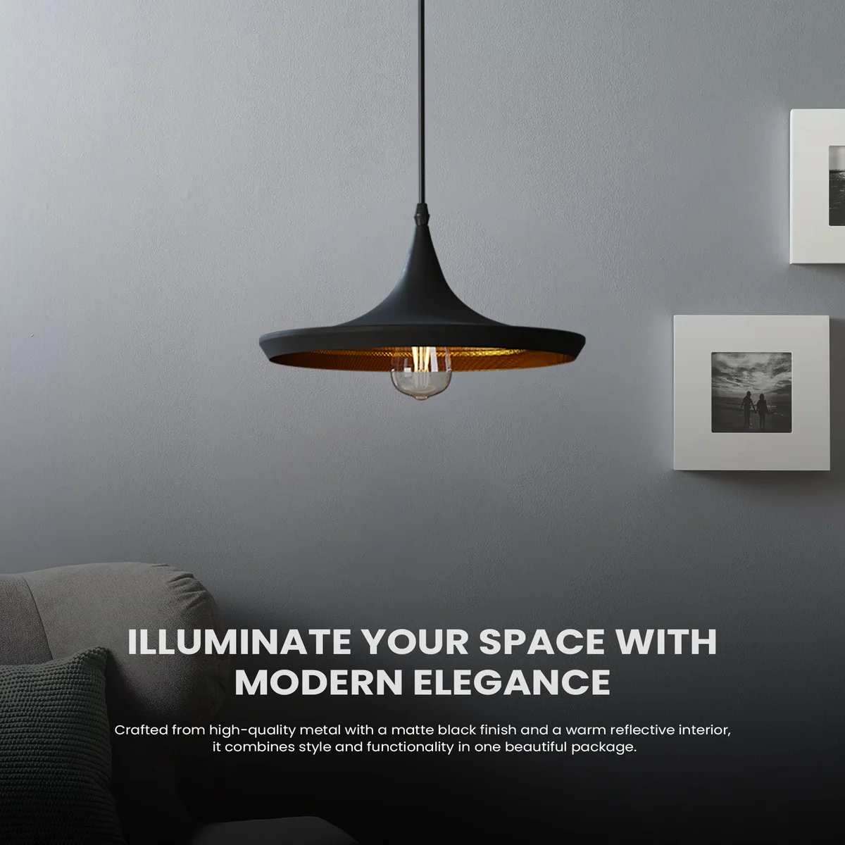 Adjustable hanging lamp with matte black body and gold interior, versatile shape for modern décor