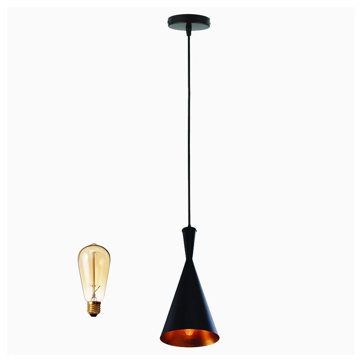 Metal pendant light in matte black metal frame with gold interior, hanging from adjustable cable, cast with warm amber glow.