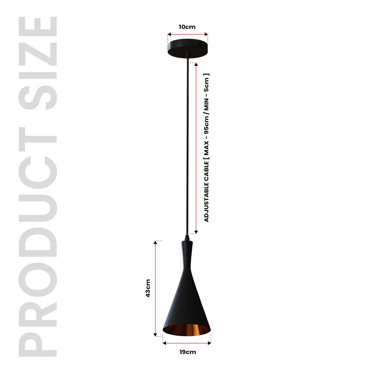 Industrial pendant light with matte black metal bar, gold‑toned interior lampshade, adjustable hanging cable.