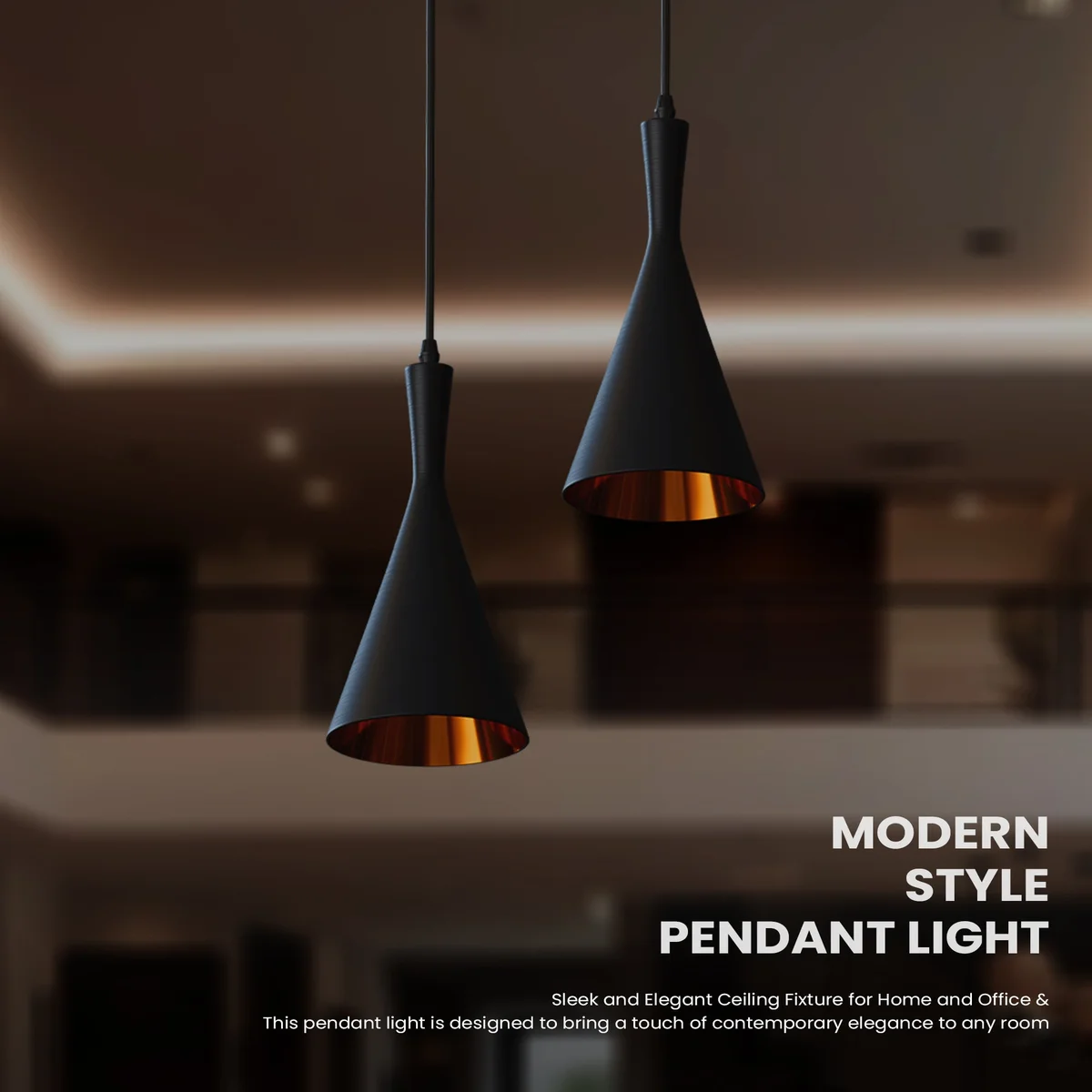 Industrial pendant light with matte black body and hammered gold interior shade hanging from a PVC cable.