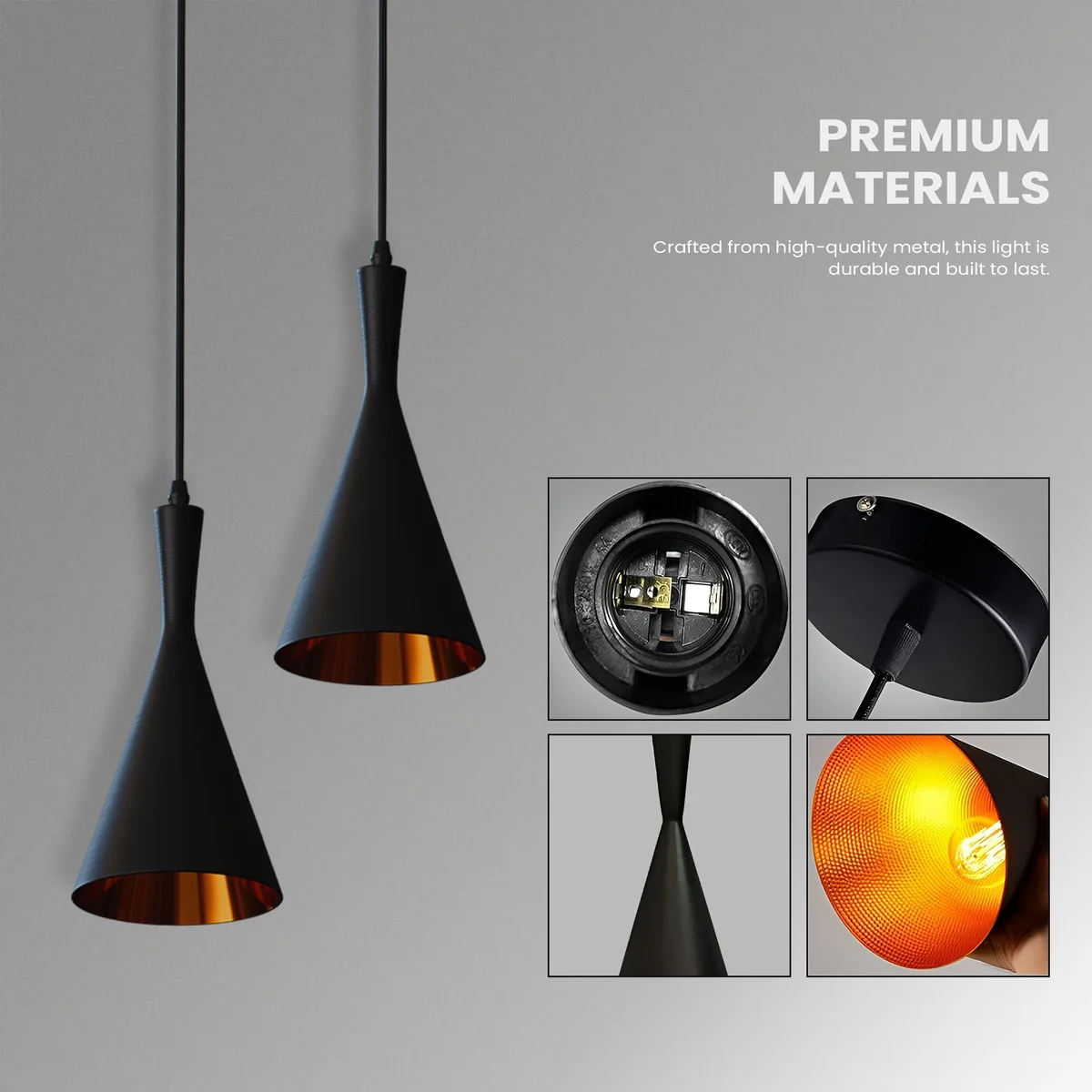 Industrial pendant light with matte black body and gold hammered interior, hanging on a PVC cable.