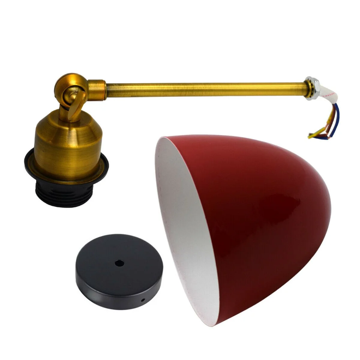 Modern red ceiling light shade on a metal wall arm, white interior hood, hanging from ceiling with E27 bulb holder.