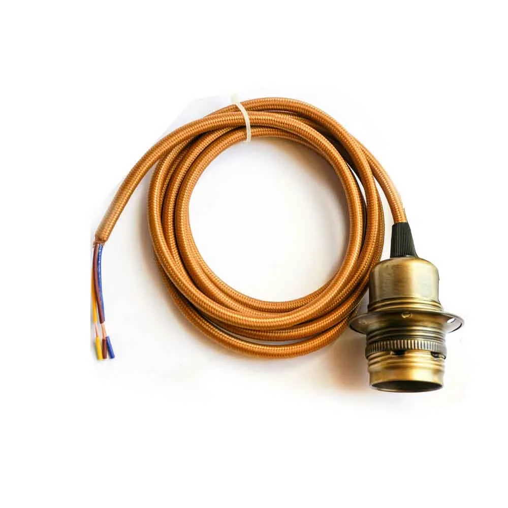 E27 pendant light holder set with green brass holder, gold fabric cord, 2m cable.