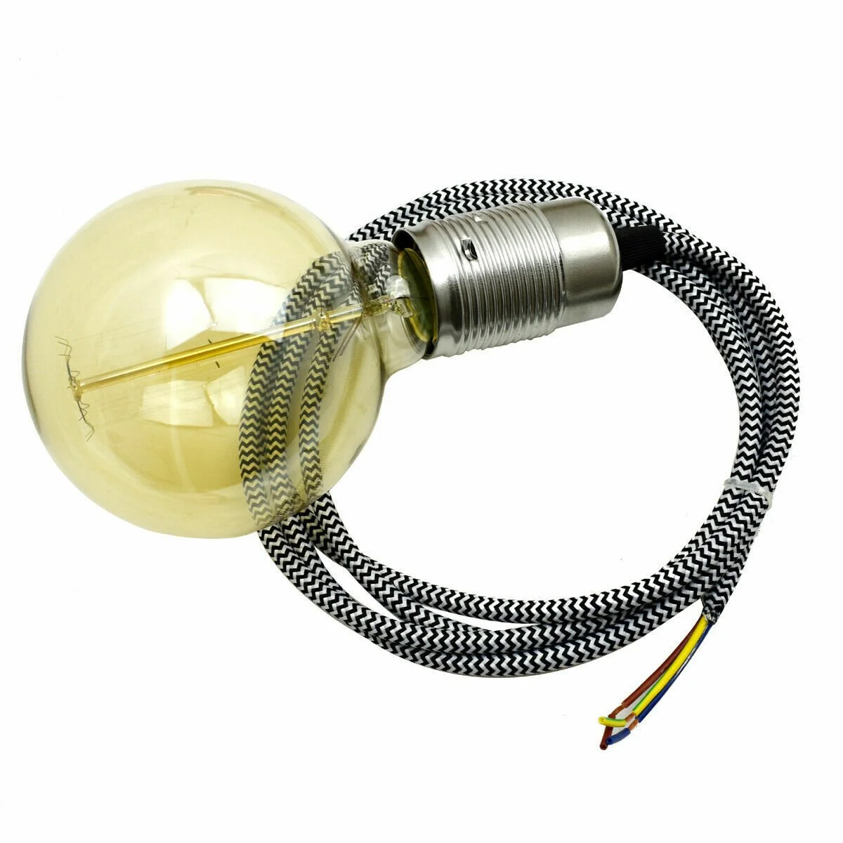 Chrome E27 pendant holder with black and white round fabric cord, 3-core, 2m cable, 110‑240V metal base.