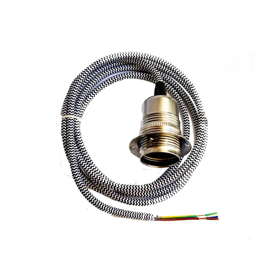 E27 chrome lamp holder with black and white 3‑core round fabric cord, 2m cable in pendant set