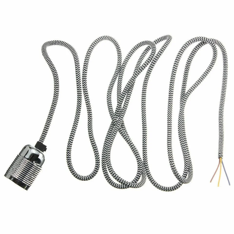 Chrome pendant holder with black and white cord, 2m long, 3‑core round fabric cable, E27 base, suitable for bulbs.