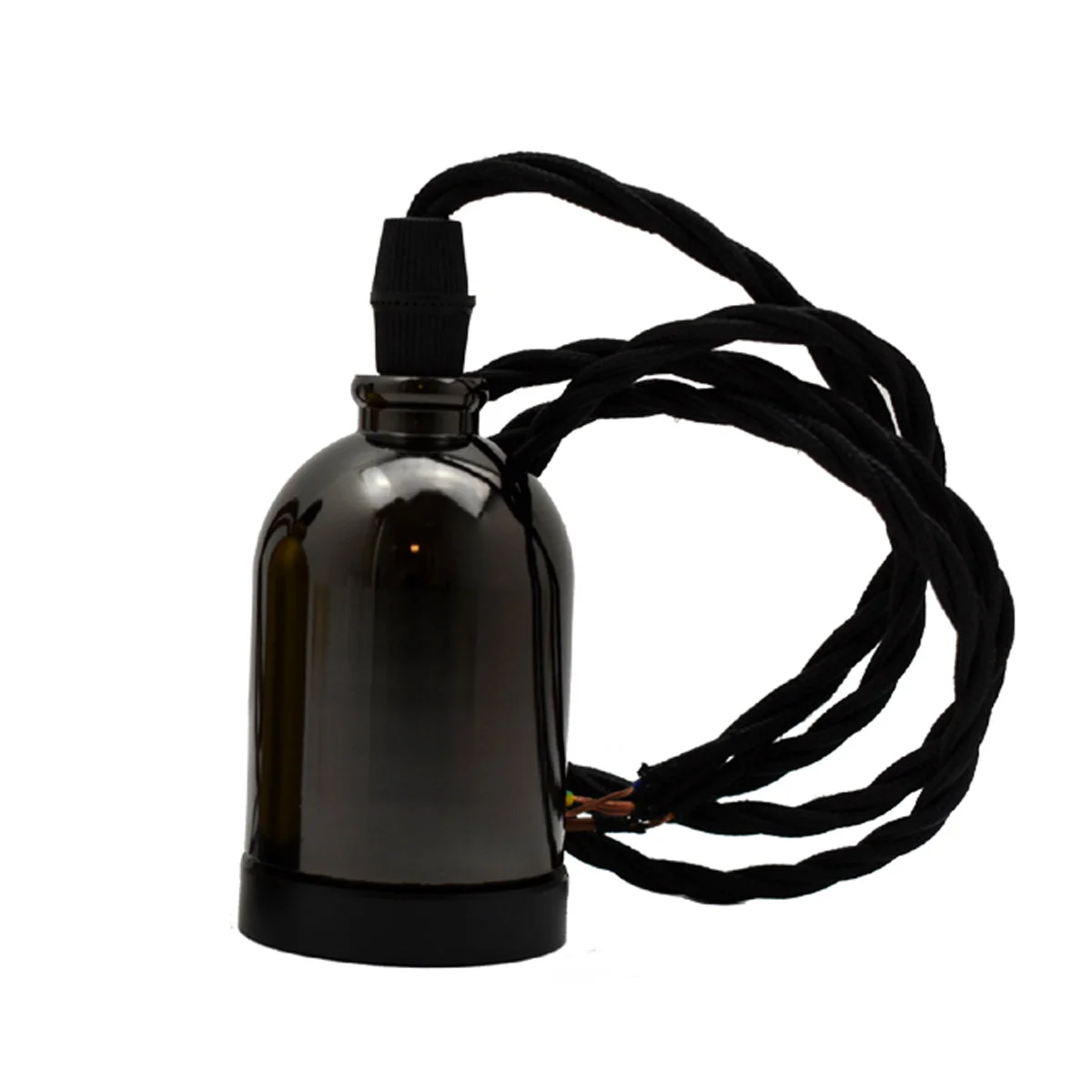 Vintage pendant lamp holder in black, with 1m twisted black‑and‑white fabric cord, high‑polished finish