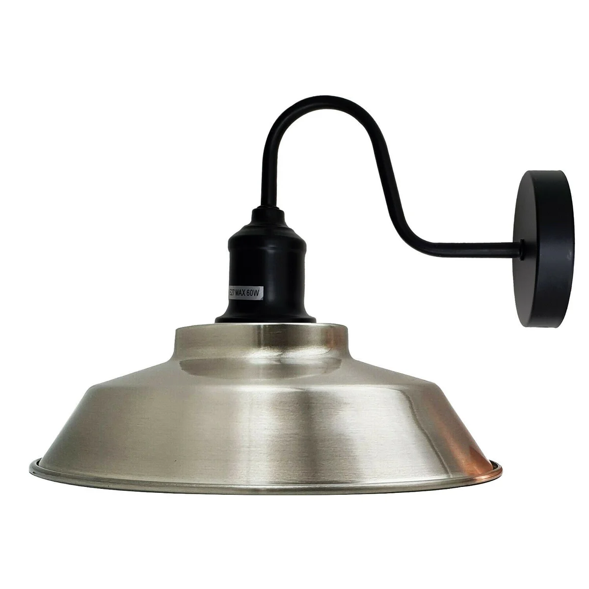 Satin nickel wall lamp with swan‑neck arm, metal shade, industrial loft style.