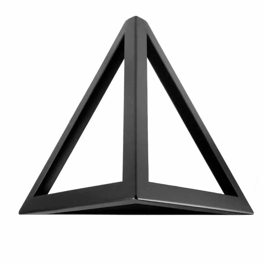 Black metal triangular cage lampshade hanging from ceiling, showing industrial pendant light design