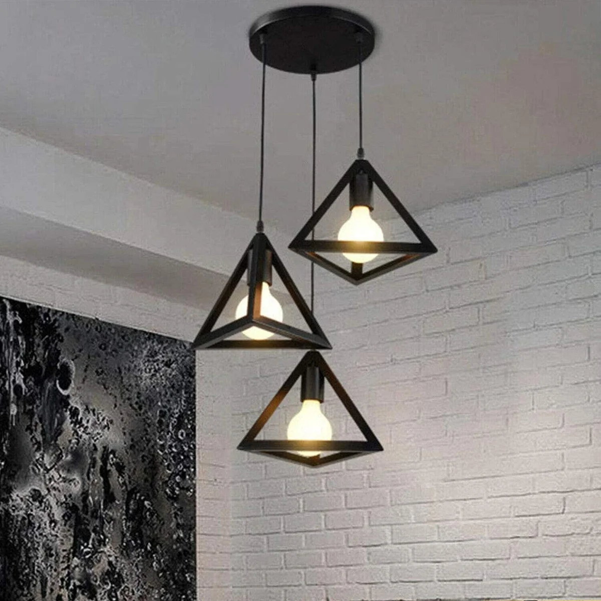 Black metal triangle wire cage E27 bulb pendant shade, easy fit ceiling mount, vintage industrial look