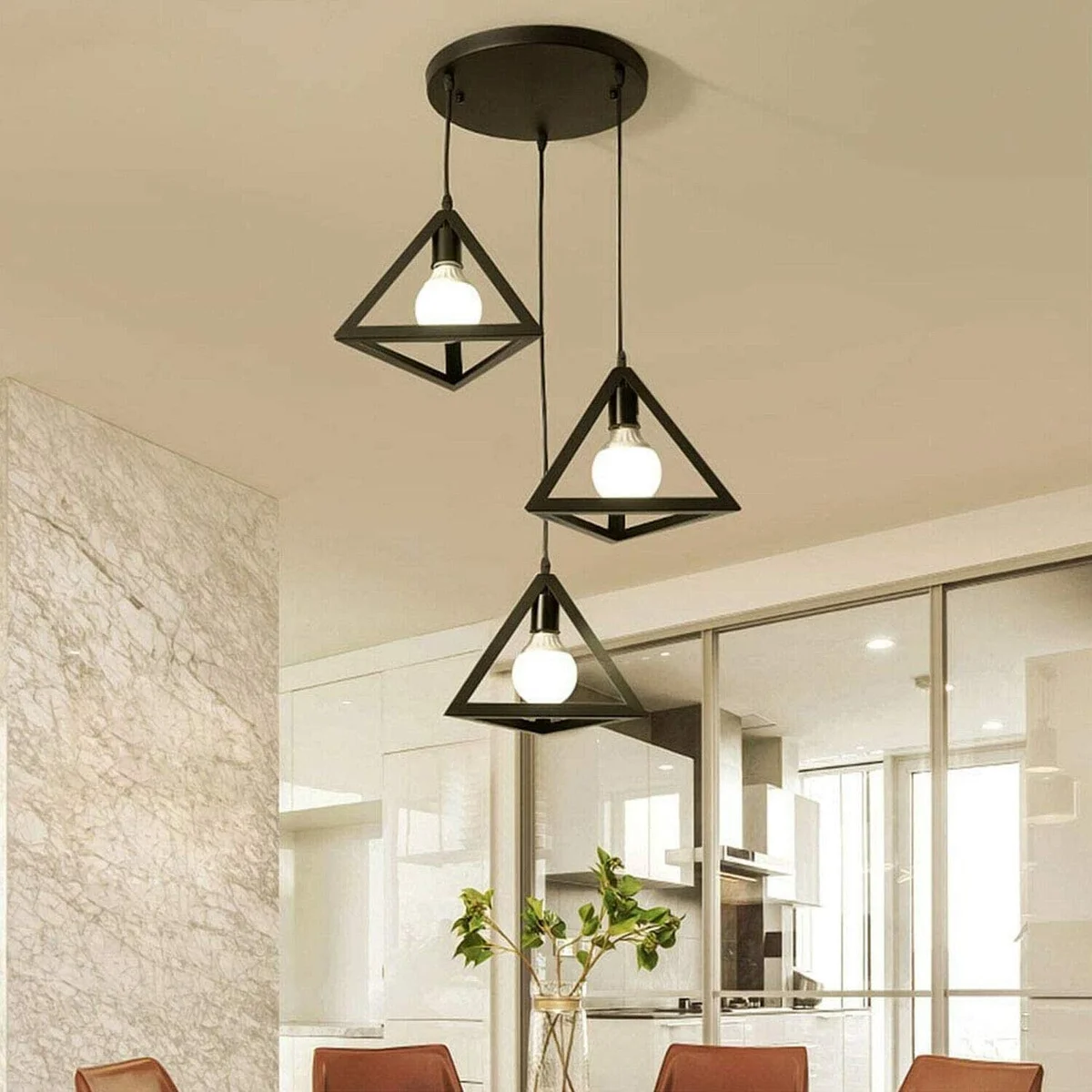 Vintage black metal pendant lampshade in triangle wire cage shape, easy-fit ceiling mount, up to 60W E27 bulb.