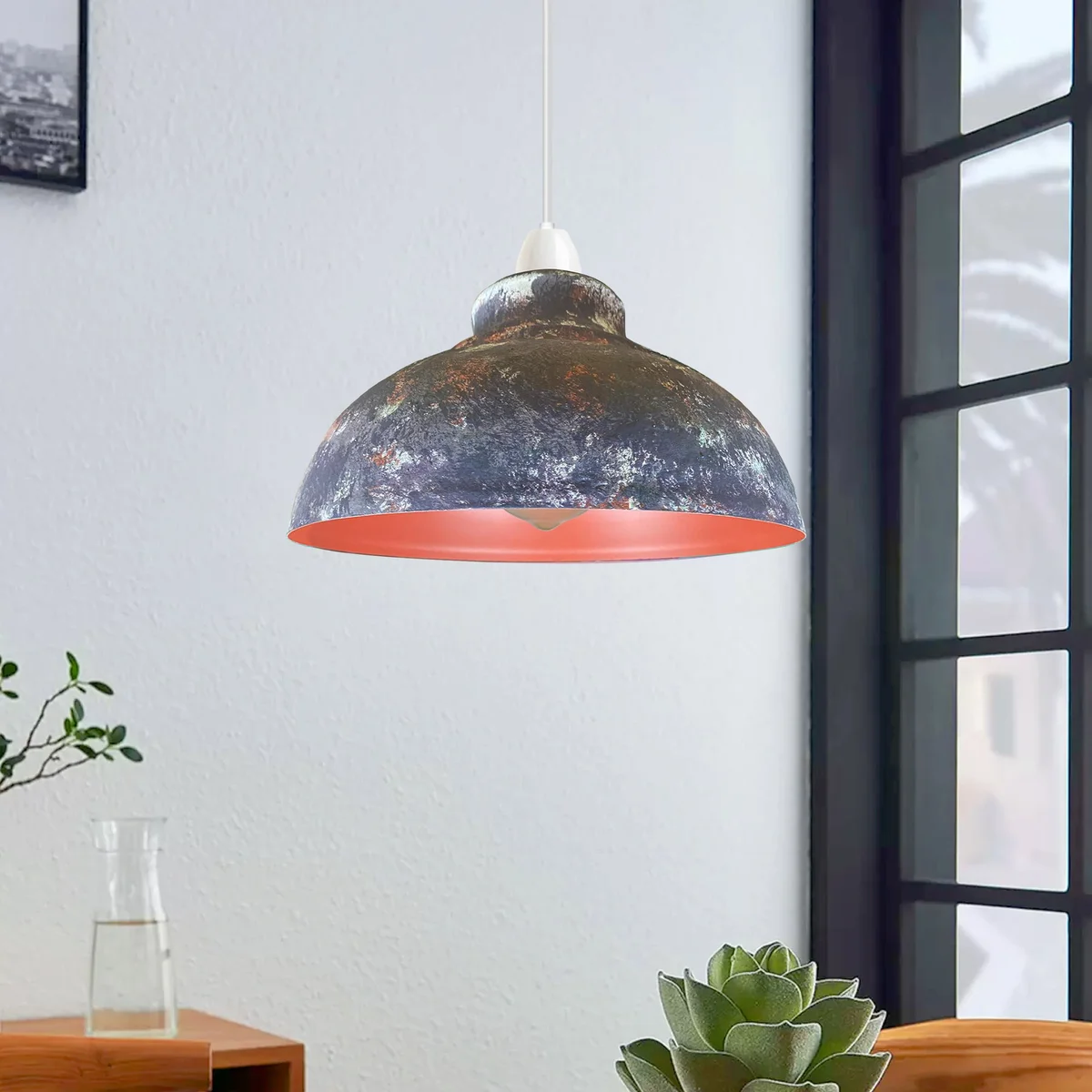 Metal retro loft lighting lamp shade in clay finish, with E27 bulb, hanging from ceiling, about 29 cm wide.