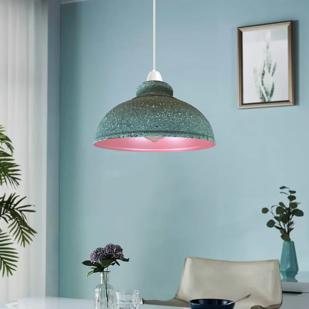 Metal ceiling lamp with vintage industrial style shade, round 29cm diameter metal body and adjustable 105cm cord.