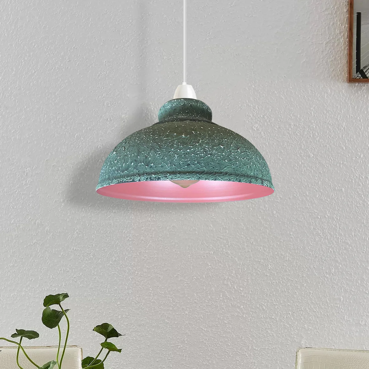 Metal ceiling lamp in clay shade, 29 cm diameter, 22 cm tall, with adjustable 105 cm line, E27 bulb.