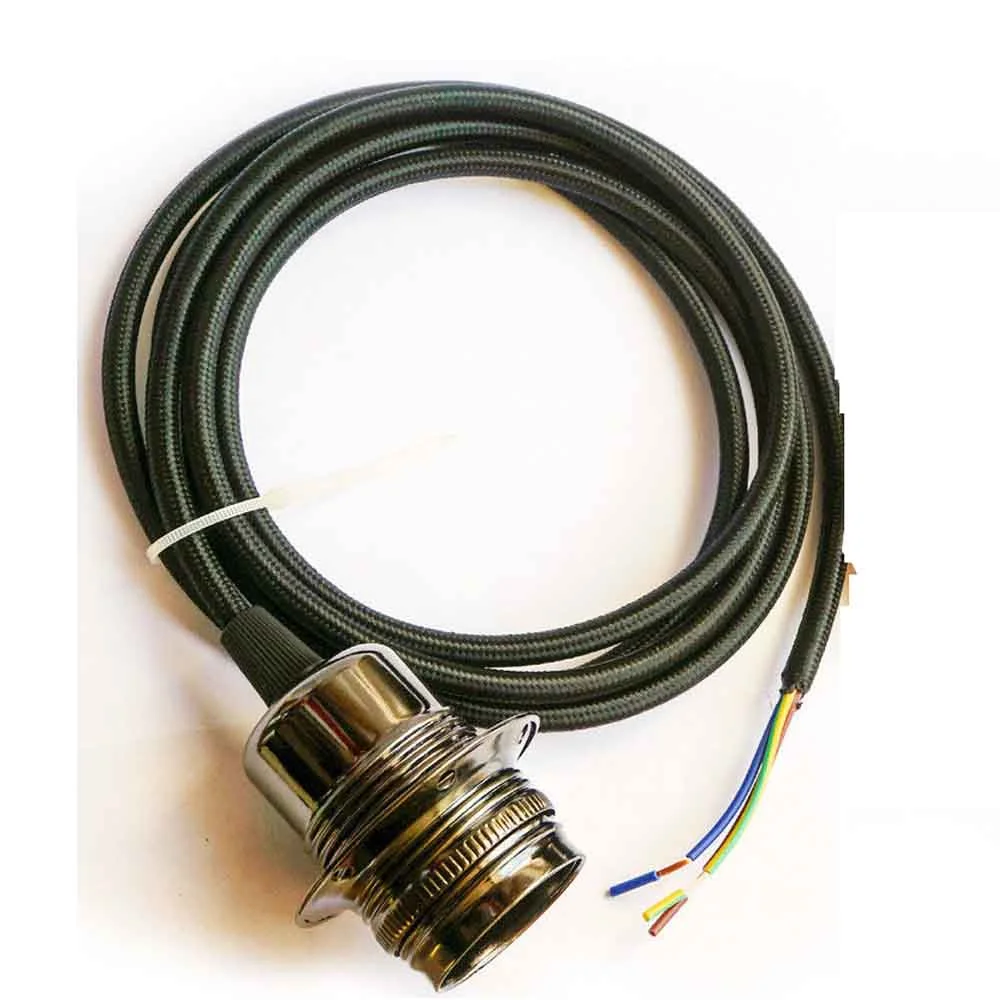 Black aluminum E27 pendant lamp holder with 3‑core round cord and fabric sleeve, component of a 2m cable set