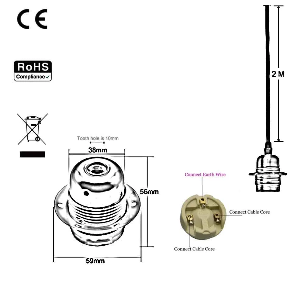 Black aluminium pendant with round metal holder, black retaining ring, black fabric cord, 3‑core cable for E27 bulbs