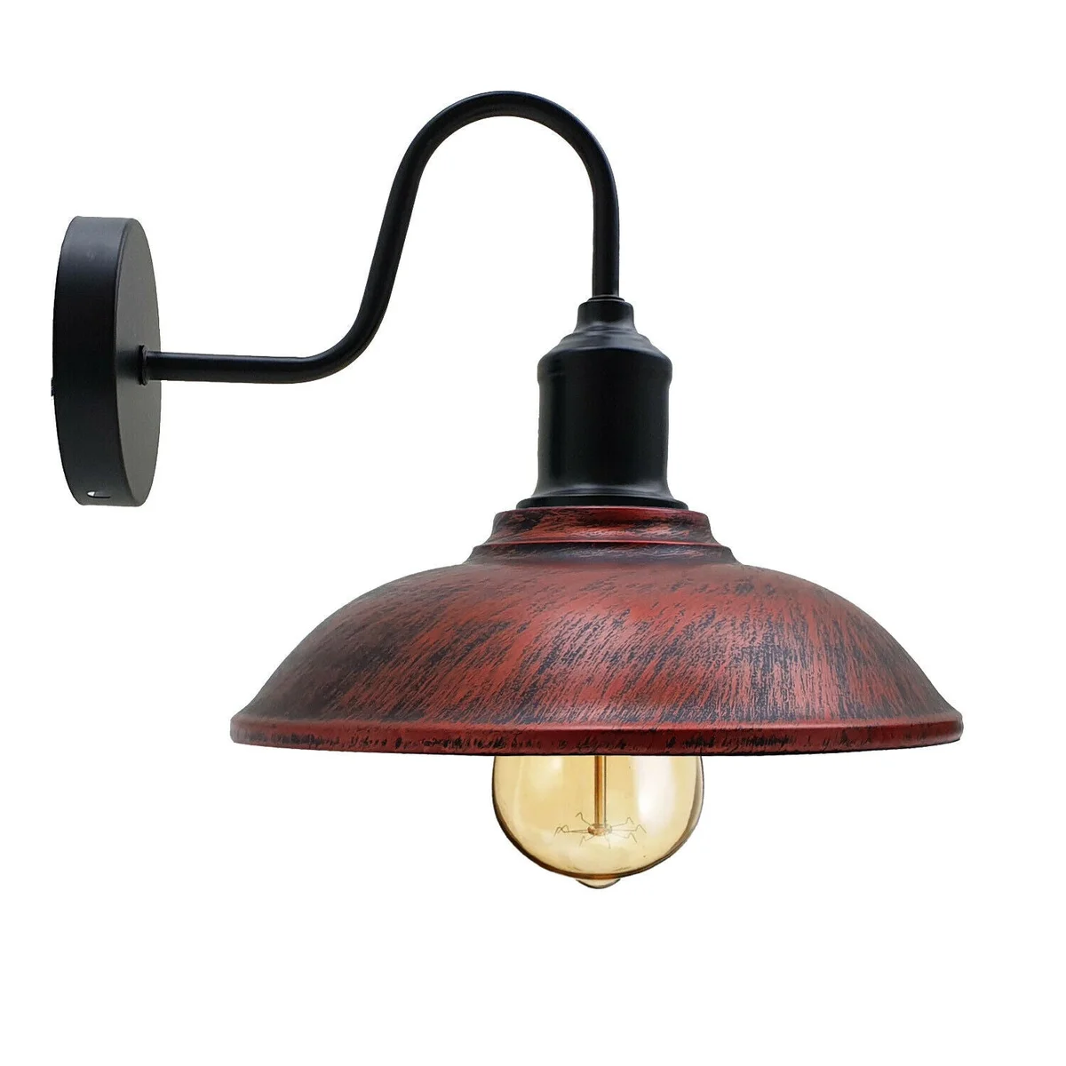 Rustic red metal wall light cage with industrial style shade, iron finish, wall‑mounted E27 socket, 5–10 m² lighting coverage.