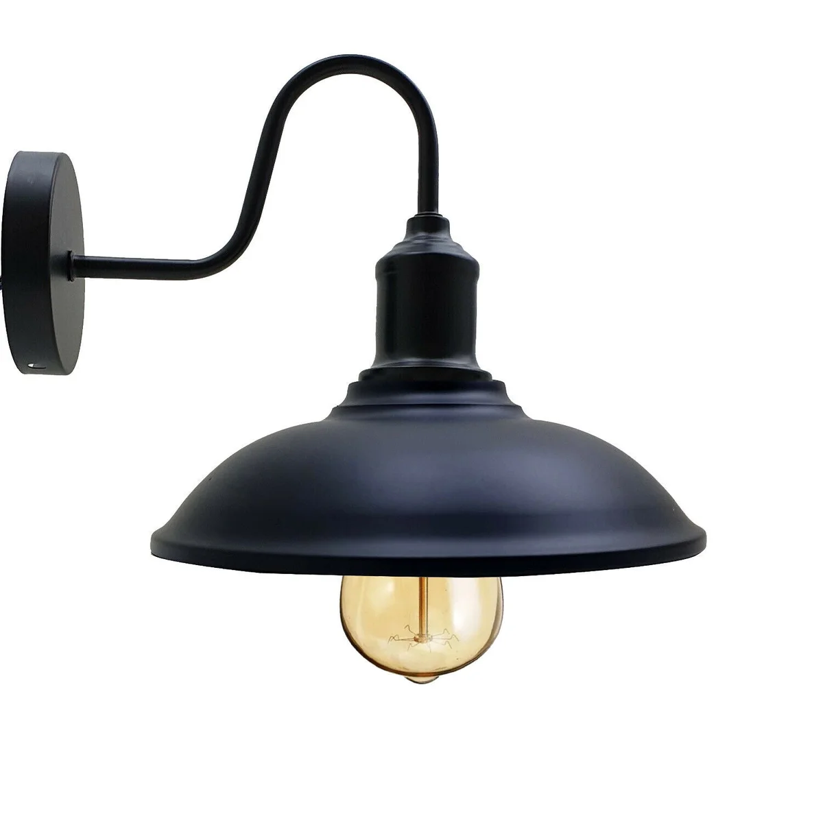 Black metal industrial wall light with iron cage shade, 13.5 cm arm, includes E27 screw mounting kit.
