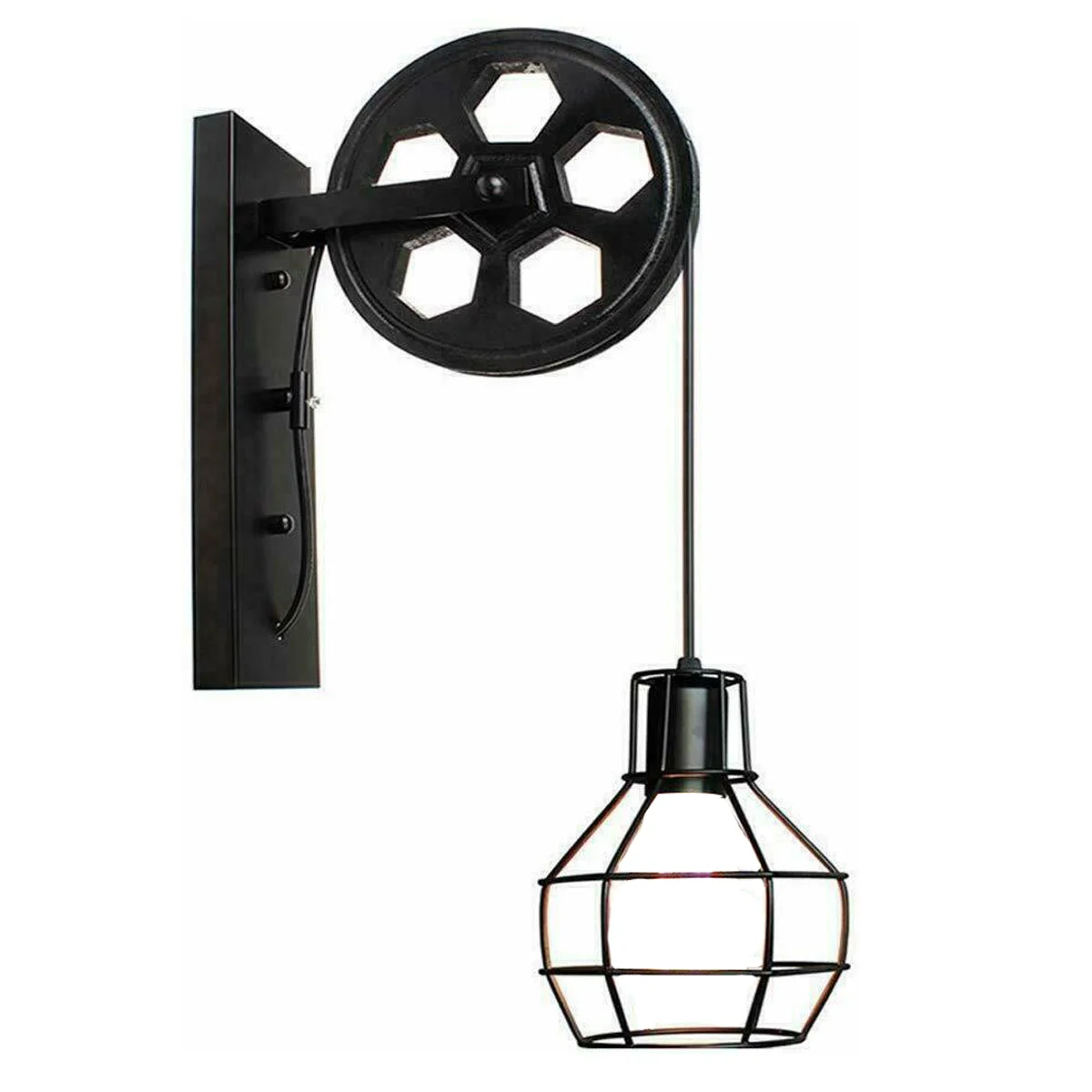 Black iron and wood vintage industrial wall light with adjustable height, rotatable pulley, retro style wooden base.