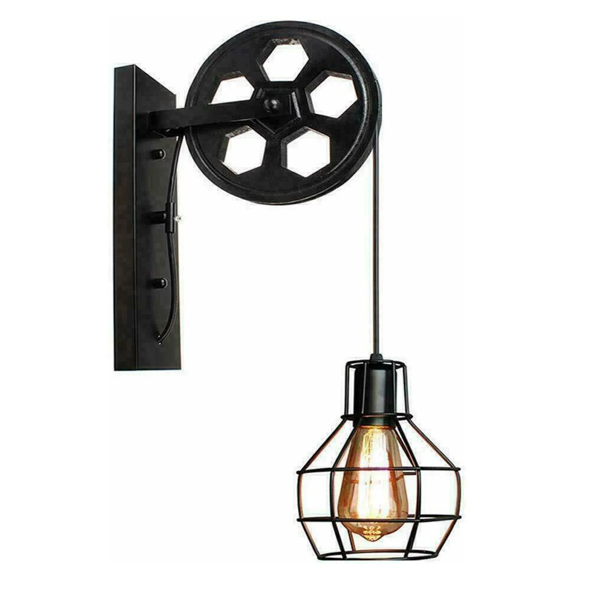 Black industrial adjustable pulley cage light, iron and wood frame, vintage style, wall mounted, fits E27 bulbs.
