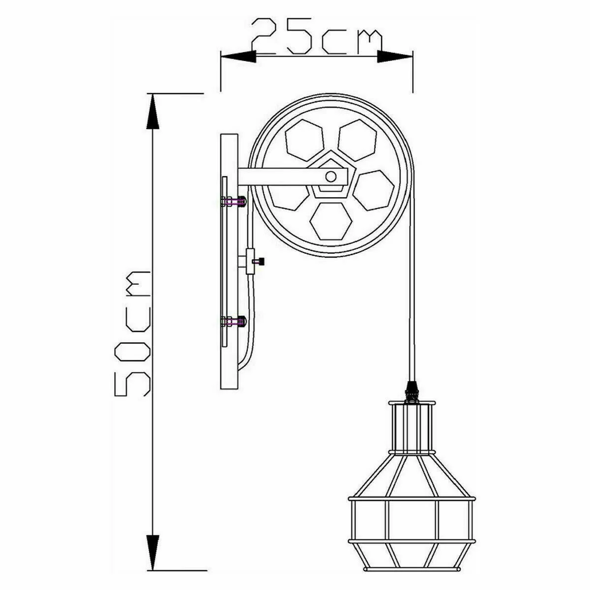 Black industrial pulleys cage light with iron shade and wood base, adjustable, for E27 bulb wall lamp.