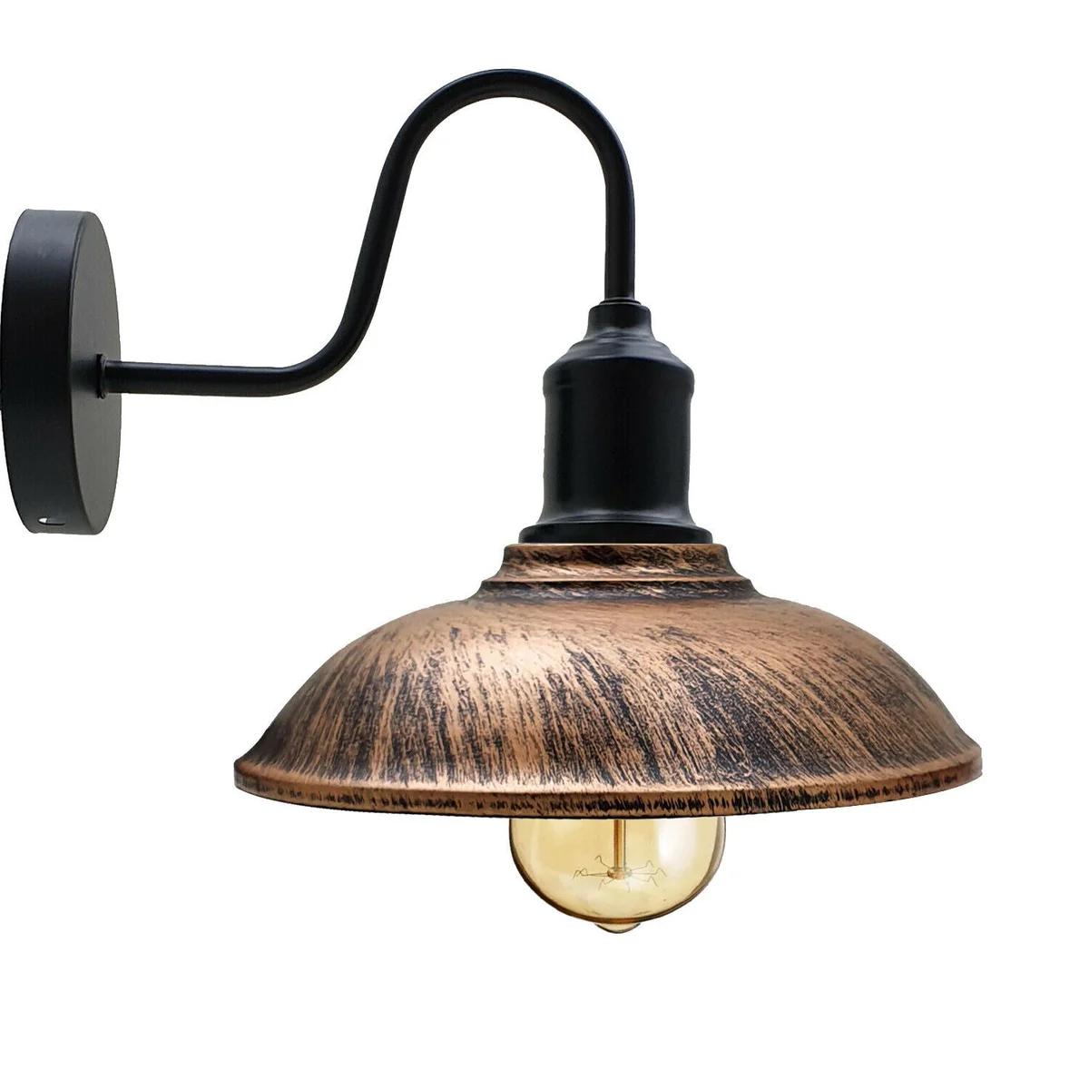 Brushed copper retro industrial wall sconce with swan‑neck arm, metal lamp shade, E27 bulb socket, wall‑mounted design.