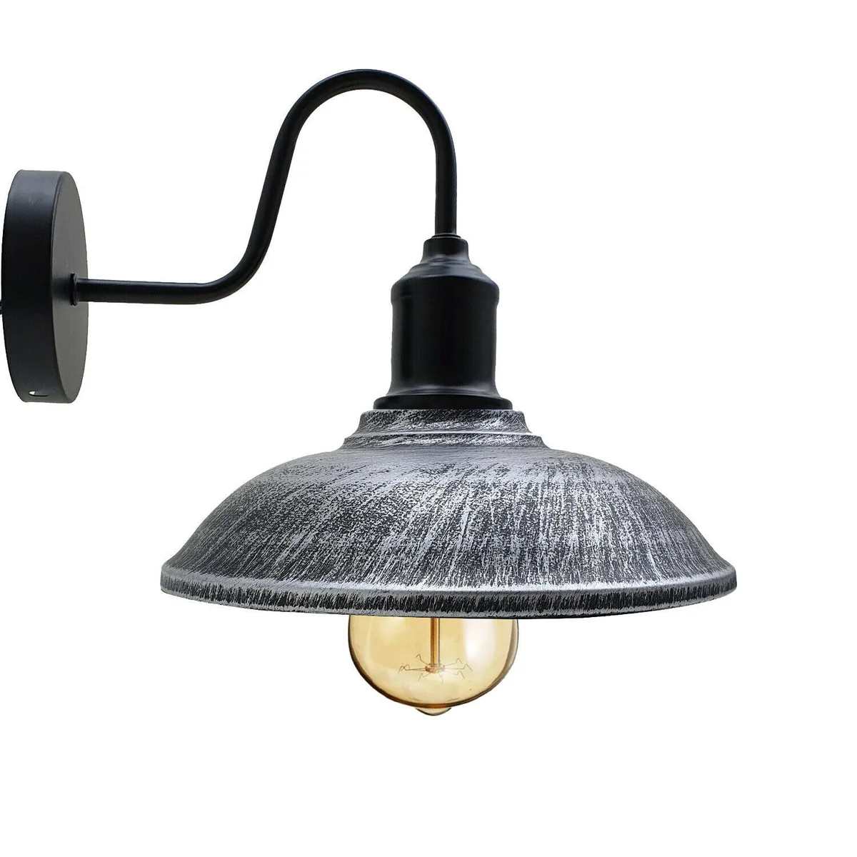 Brushed silver wall lamp with metal cage, featuring a classic vintage design, mounting arm for E27 bulb.