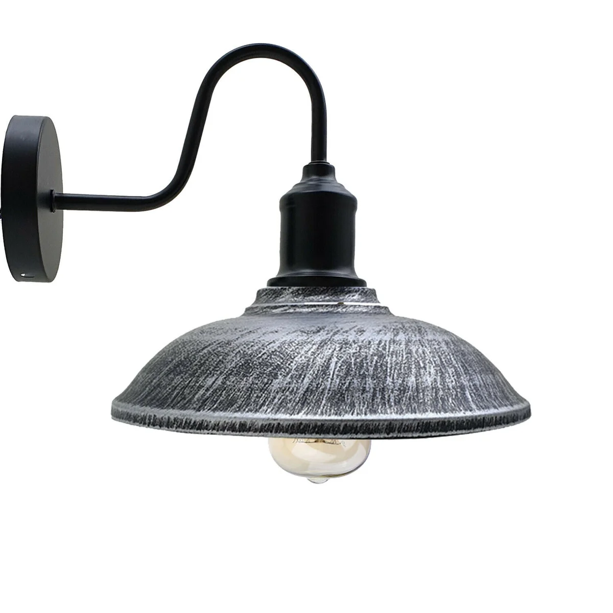 E27 wall light fixture with brushed silver metal cage and lamp shade, 13.5cm arm, for industrial style wall mounting.