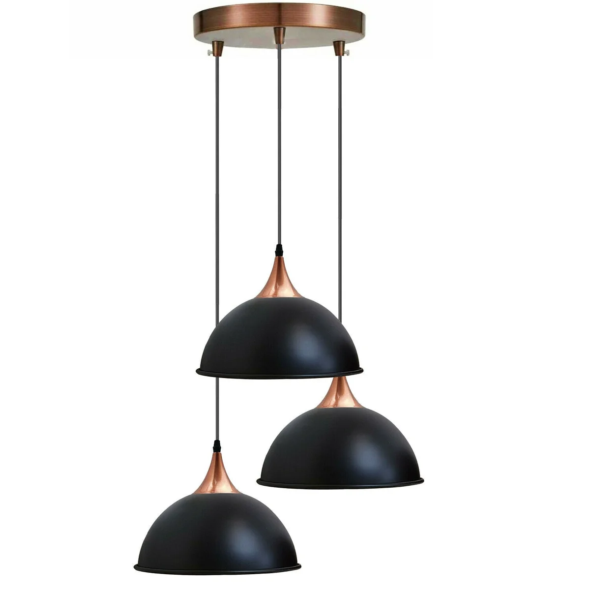 Black metal dome pendant lights with three E27 holders, 95cm PVC cables, metal base.