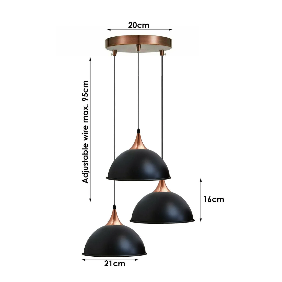 Industrial pendant lighting with rustic black metal dome fixtures, three E27 holders, 95cm PVC cable and included shades.