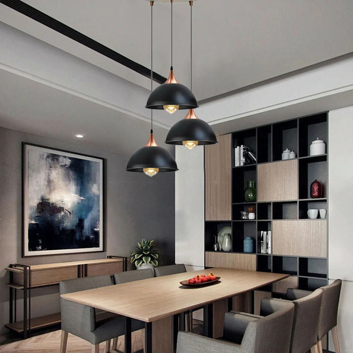 E27 pendant lamp featuring a black metal dome, three light holders, PVC cable, hanging on a 20cm ceiling plate.