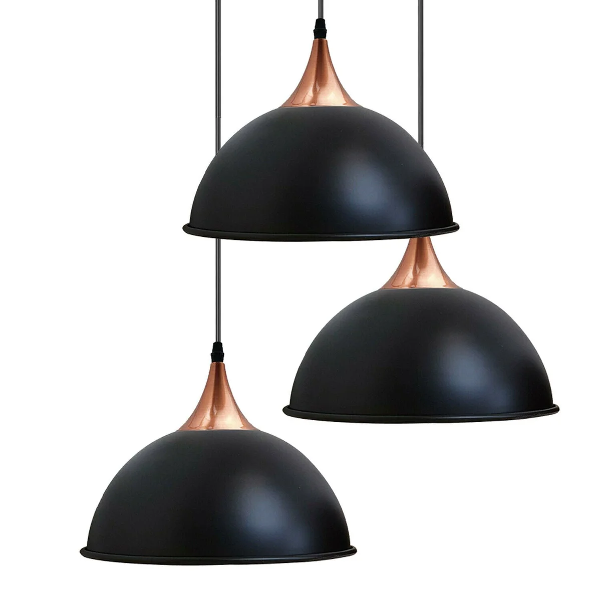 Rustic ceiling lights: black metal dome pendant with three E27 holders and 95cm PVC cable, creating warm ambience.