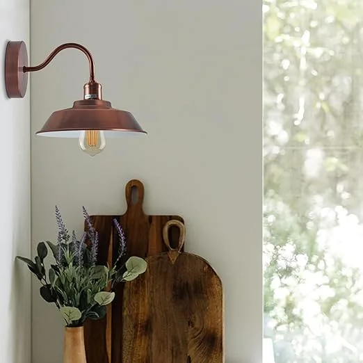 Copper matte retro wall lamp with bowl design, white hood, E27 base, sleek modern wall sconce.