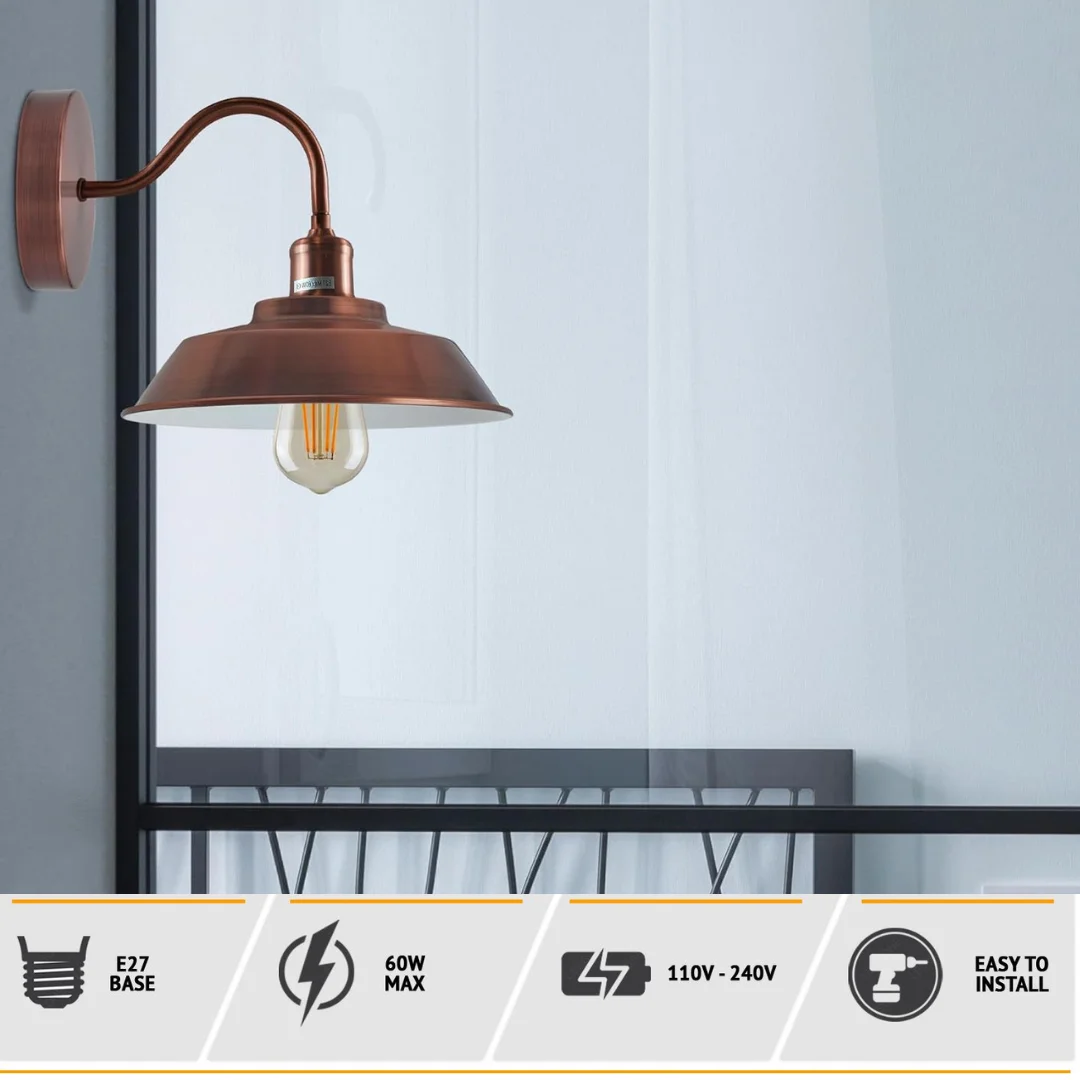 Sleek metal wall sconce in copper matte finish featuring a bowl shape with white interior hood, E27 base, down light
