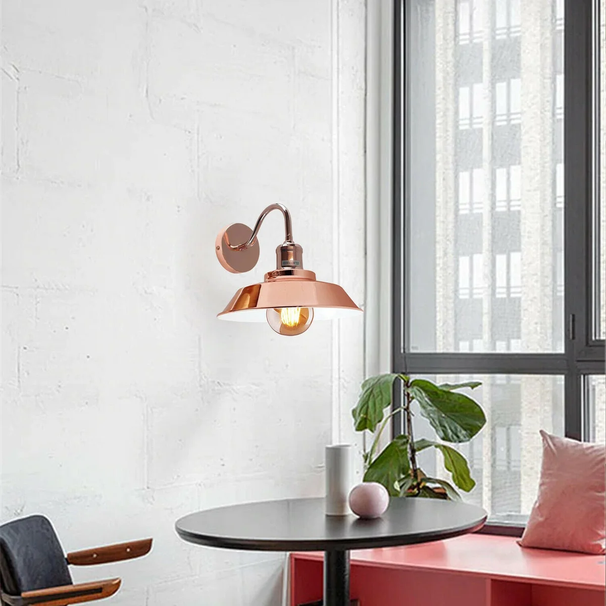 Rose gold wall lights: sleek matte metallic bowl sconces with white hood, 22cm diameter, 10cm ceiling plate, E27 base.