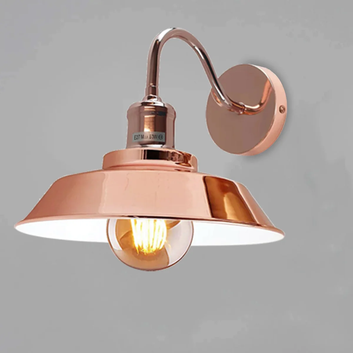 Rose gold modern wall lights with sleek bowl sconce, matte metal finish, white hood interior, E27 socket.
