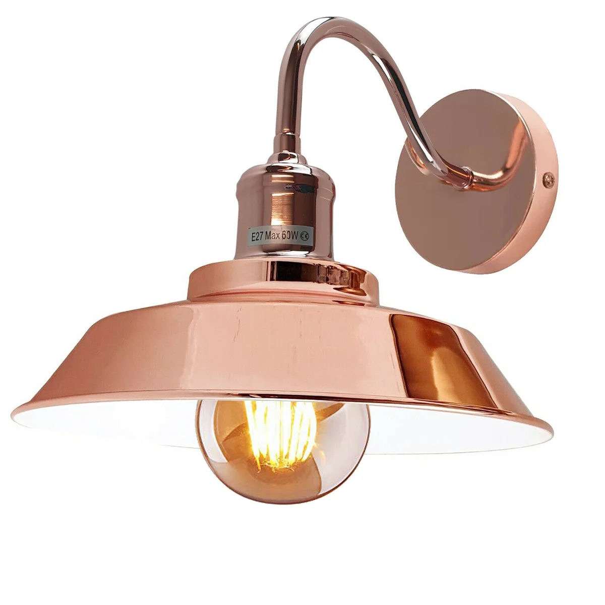 Metal wall lamps in rose gold finish, sleek bowl shade, E27 base, matte metal arm, 22 cm diameter, 10 cm ceiling plate.