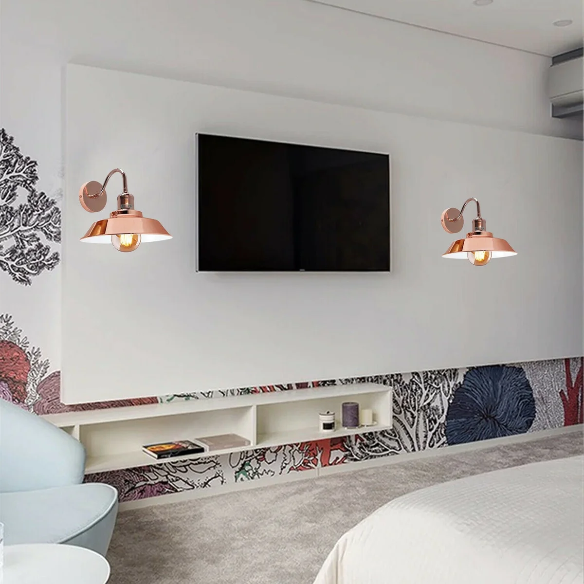 Rose gold wall lamp with sleek matte finish, white hood inside, metal bowl, E27 base, modern home lighting