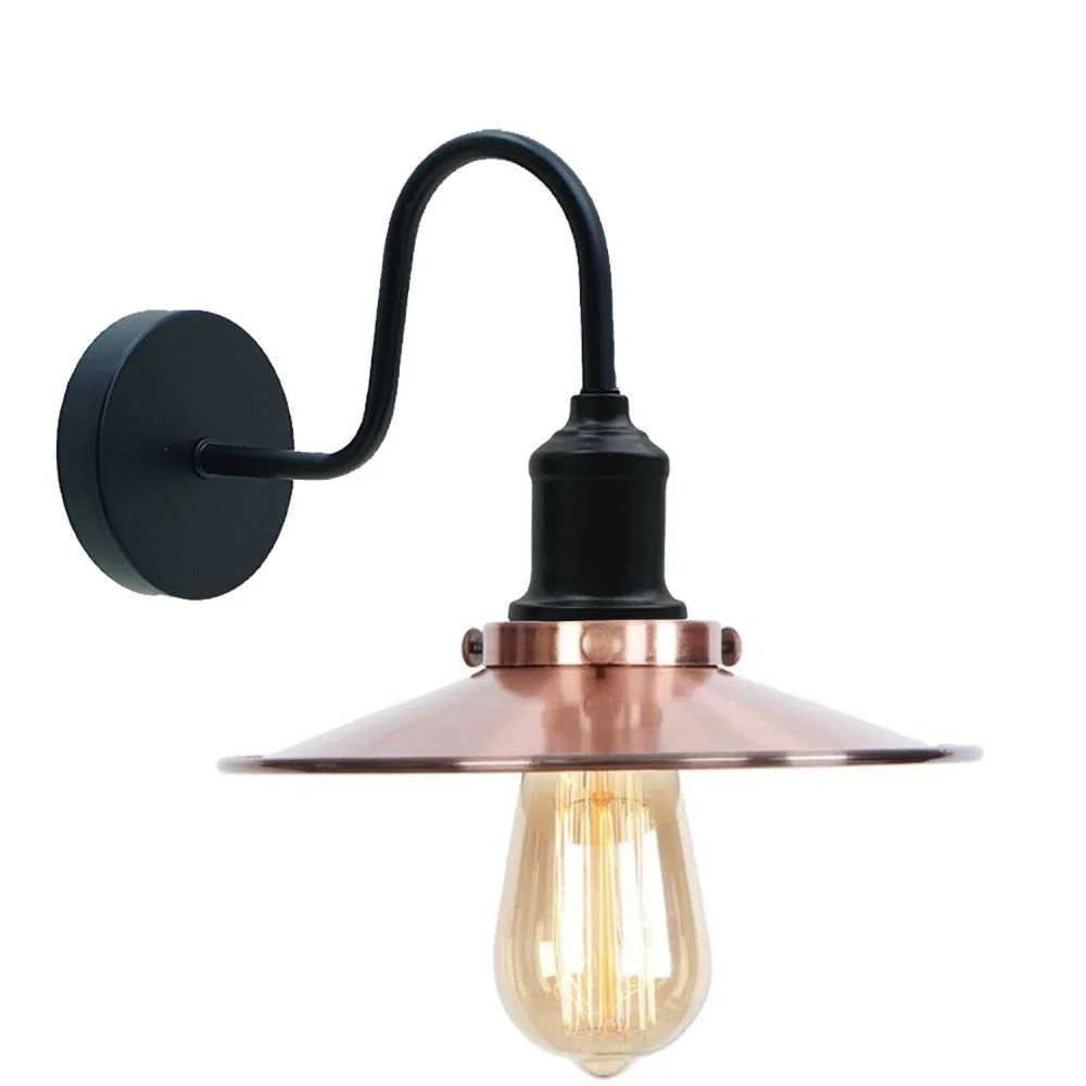 Copper matte cone pendant as an E27 wall lamp, white interior hood, 22 cm diameter.