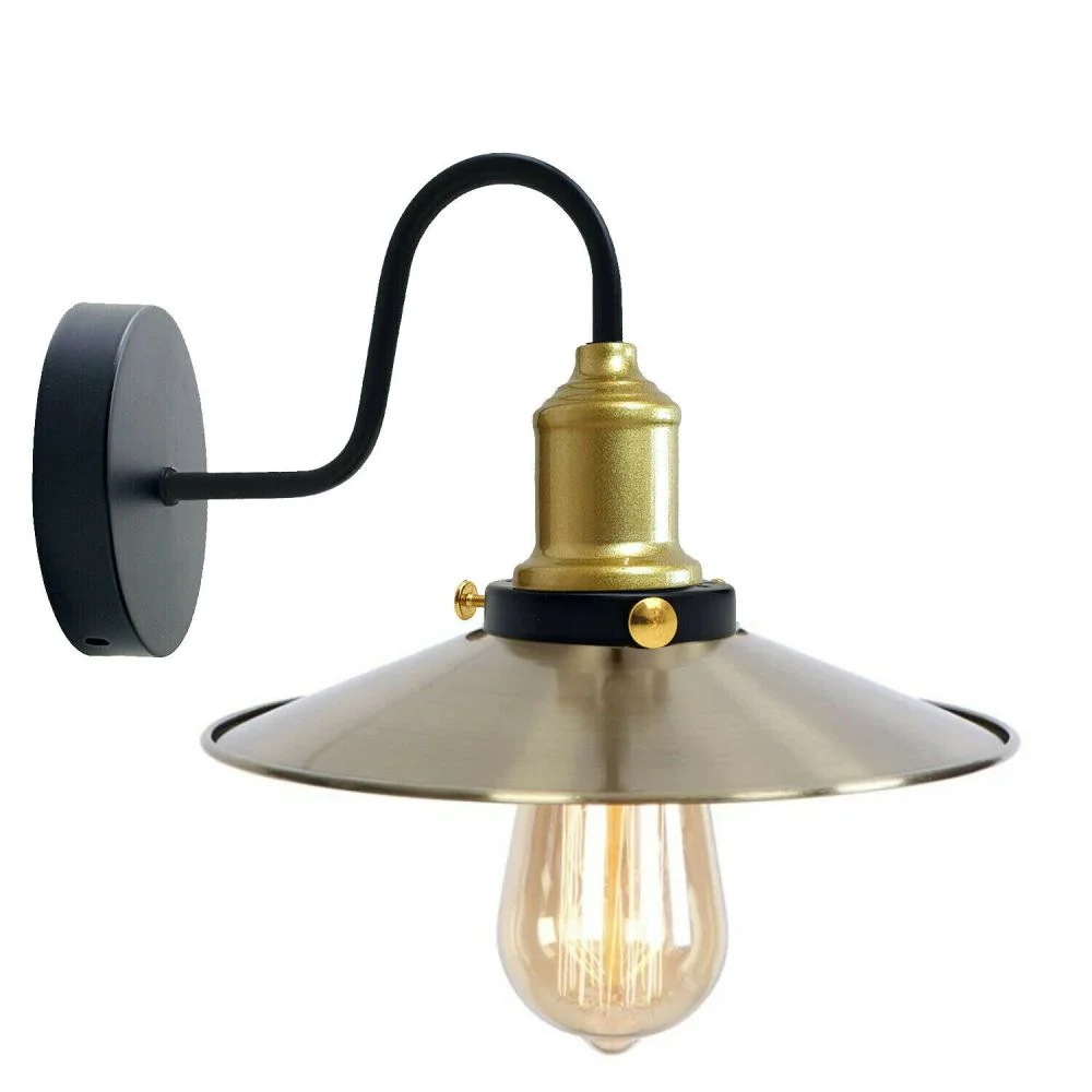 Green brass cone wall lamp with matte finish, white inner hood, E27 wall light base, hanging from ceiling.