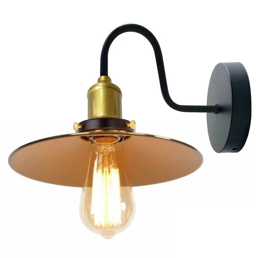 Yellow brass vintage industrial swan neck wall lamp with adjustable black arm and brushed metal shade.