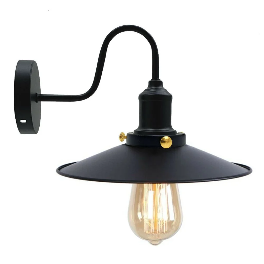 Black matte metal cone wall light with white interior, featuring an E27 base for bulbs